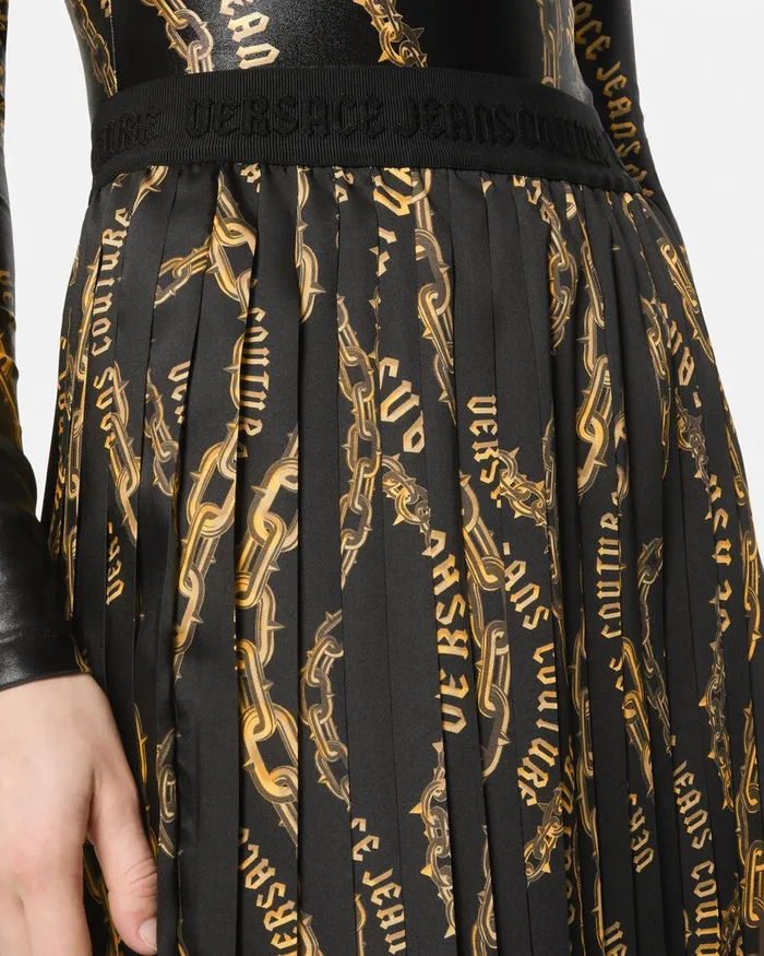 Versace Chain Couture Pleated Midi Skirt Blackgold Women Jeans Couture