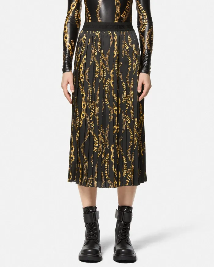 Versace Chain Couture Pleated Midi Skirt Blackgold Women Jeans Couture