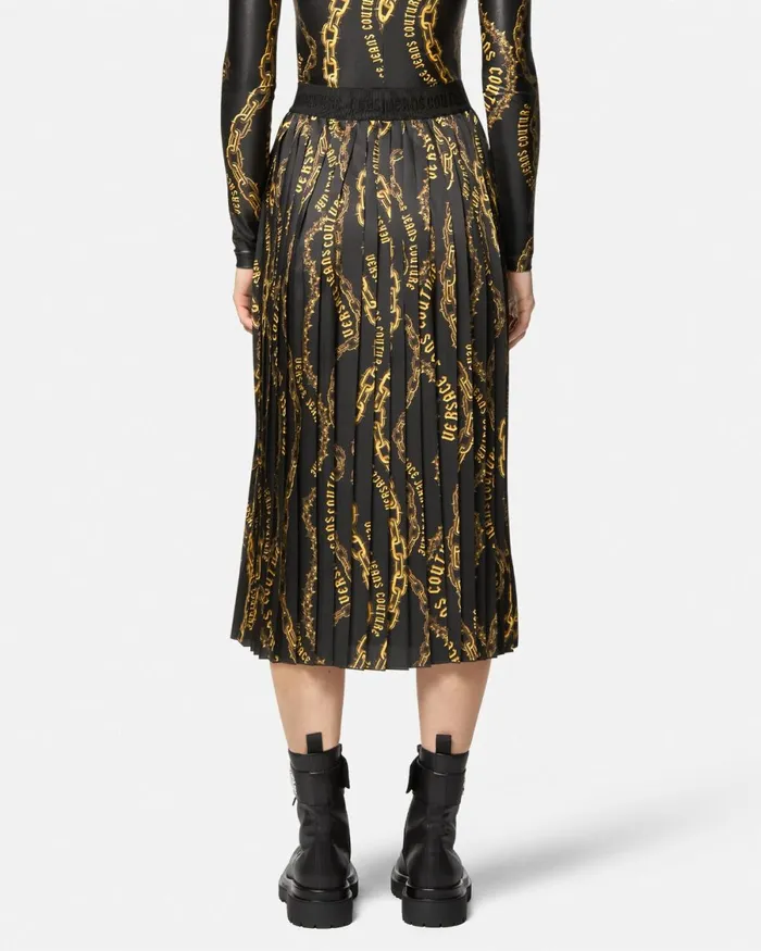 Versace Chain Couture Pleated Midi Skirt Blackgold Women Jeans Couture
