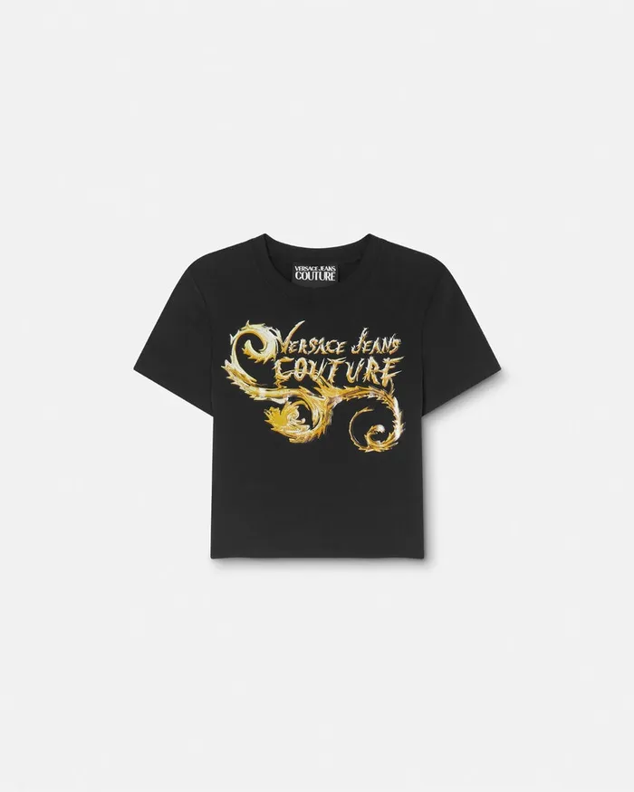 Versace Chromo Couture Logo Crop TShirt Blackgold Women Jeans Couture