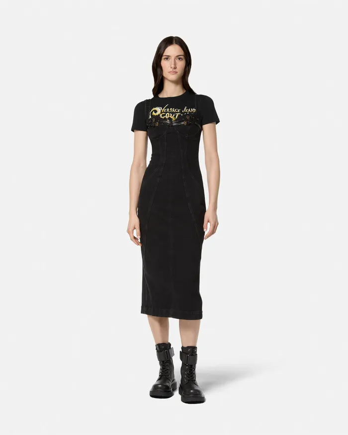 Versace Chromo Couture Logo Crop TShirt Blackgold Women Jeans Couture