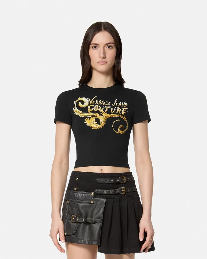 Versace Chromo Couture Logo Crop TShirt Blackgold Women Jeans Couture