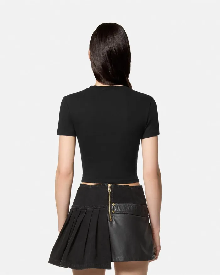 Versace Chromo Couture Logo Crop TShirt Blackgold Women Jeans Couture