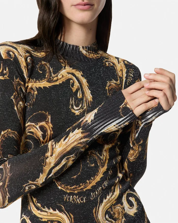 Versace Chromo Couture Lurex Knit TShirt Blackgold Women Jeans Couture