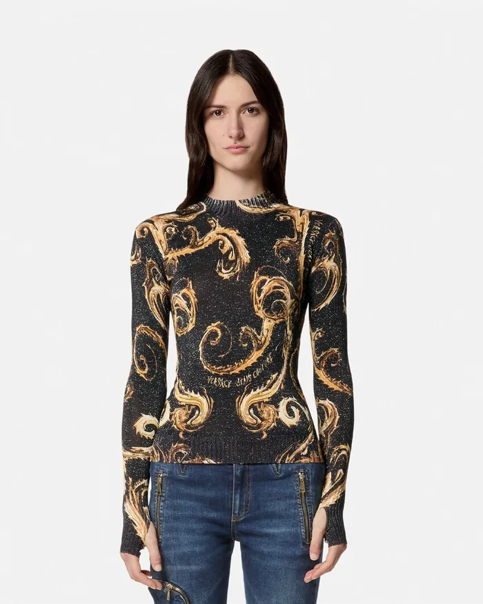 Versace Chromo Couture Lurex Knit TShirt Blackgold Women Jeans Couture