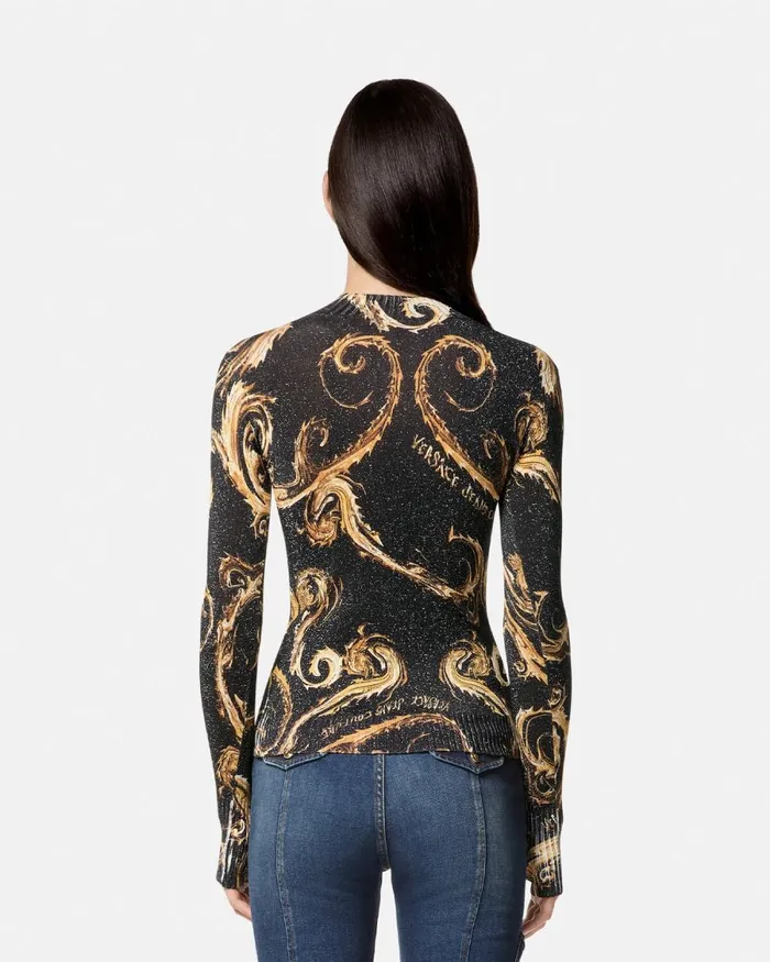 Versace Chromo Couture Lurex Knit TShirt Blackgold Women Jeans Couture