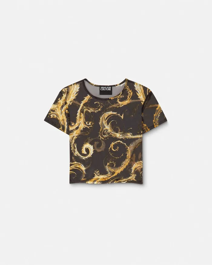 Versace Chromo Couture Mesh Crop TShirt Blackgold Women Jeans Couture