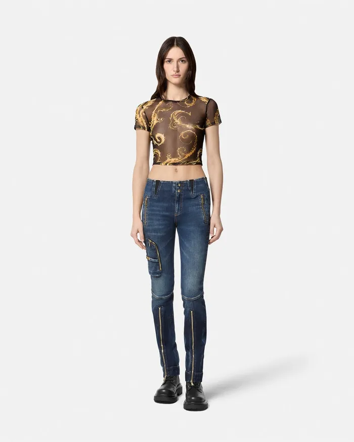 Versace Chromo Couture Mesh Crop TShirt Blackgold Women Jeans Couture
