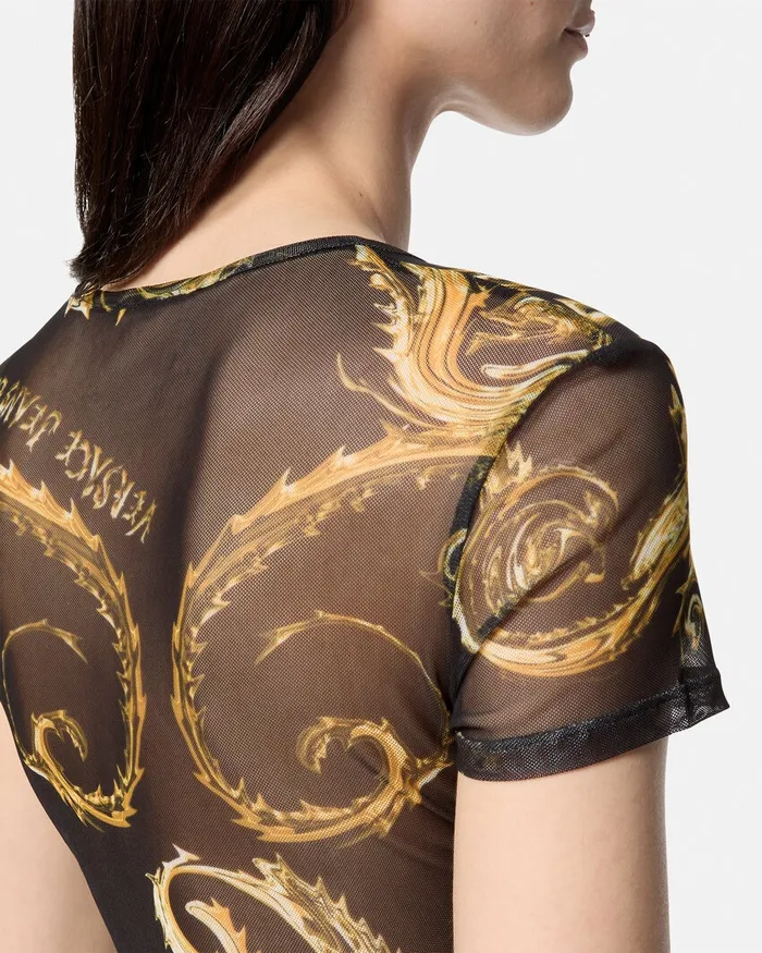 Versace Chromo Couture Mesh Crop TShirt Blackgold Women Jeans Couture