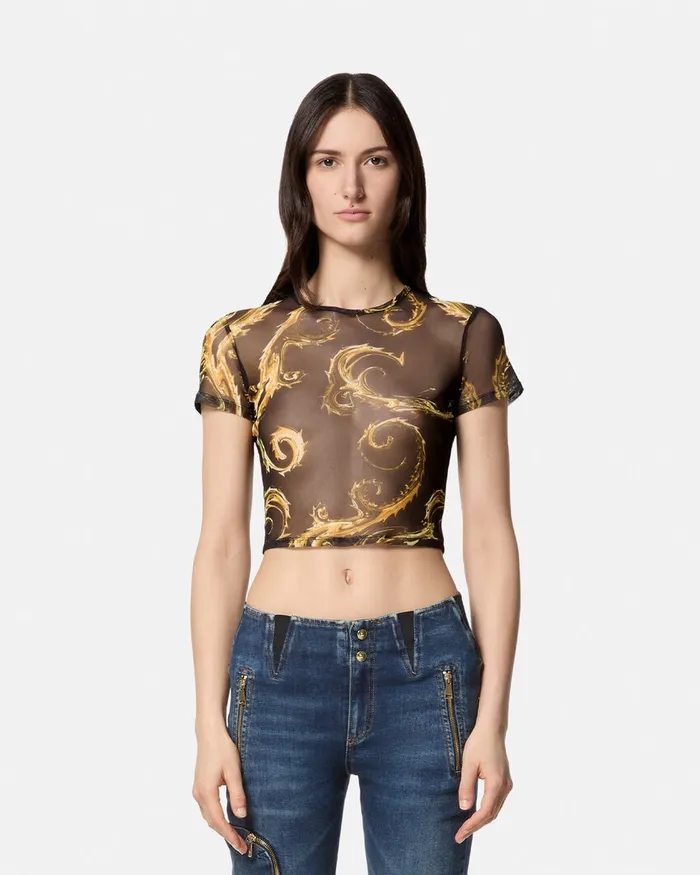 Versace Chromo Couture Mesh Crop TShirt Blackgold Women Jeans Couture