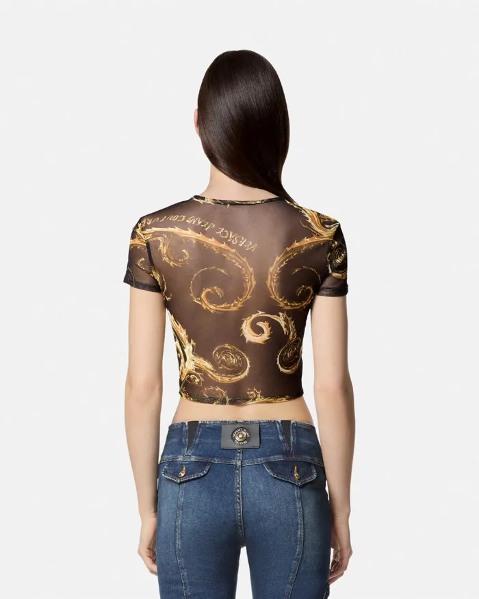 Versace Chromo Couture Mesh Crop TShirt Blackgold Women Jeans Couture