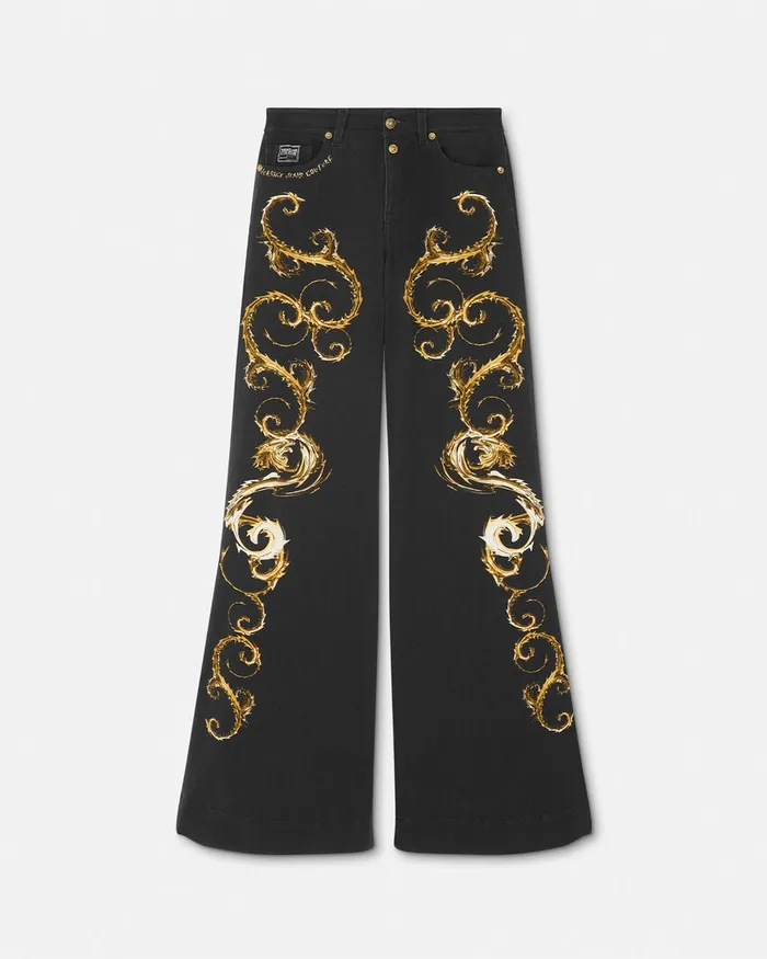 Versace Chromo Couture Wide Flared Jeans Blackgold Women Jeans Couture