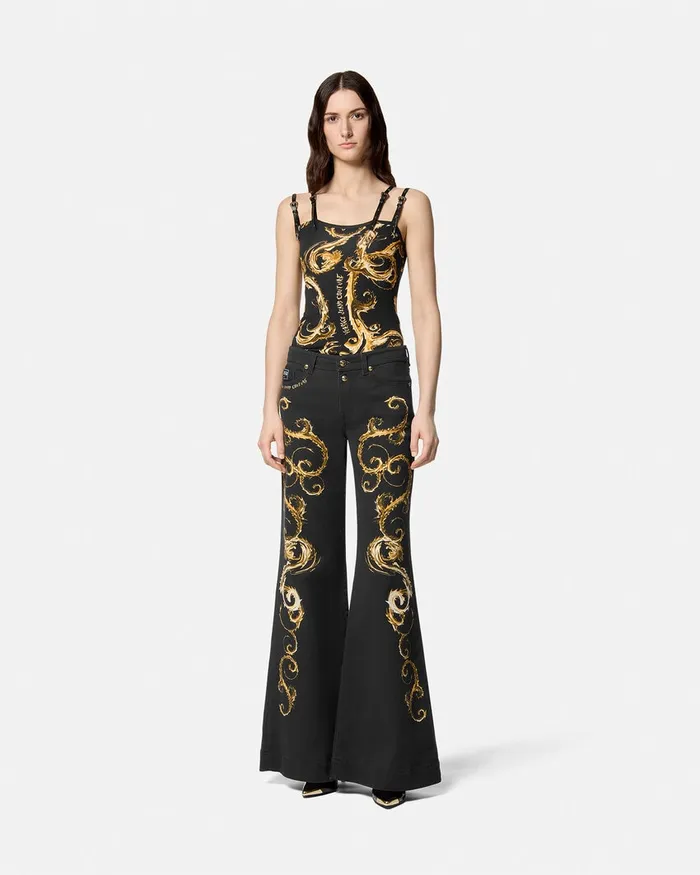 Versace Chromo Couture Wide Flared Jeans Blackgold Women Jeans Couture