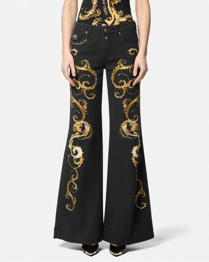 Versace Chromo Couture Wide Flared Jeans Blackgold Women Jeans Couture