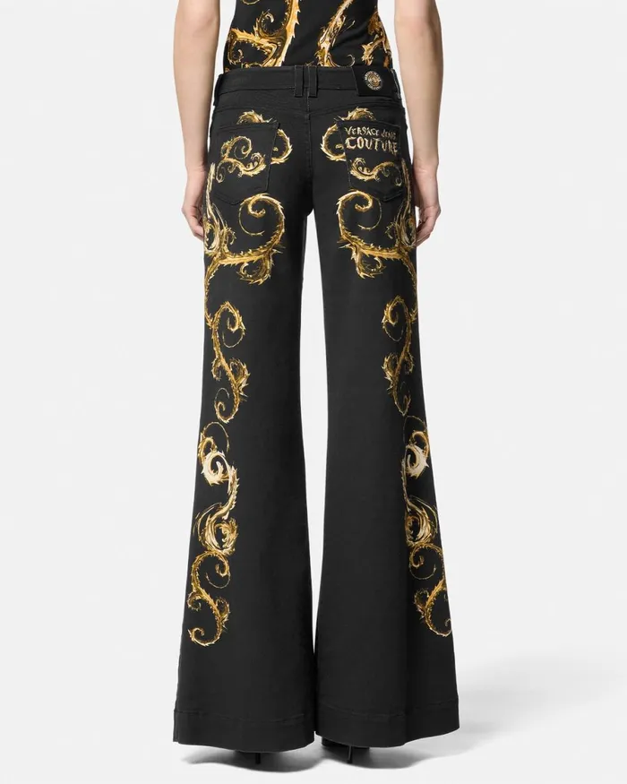 Versace Chromo Couture Wide Flared Jeans Blackgold Women Jeans Couture