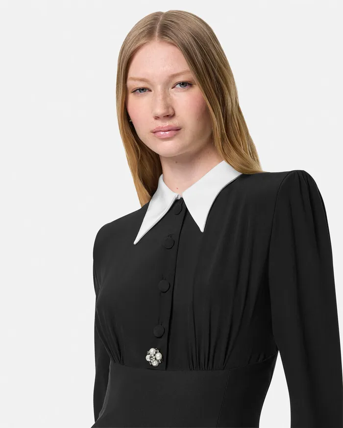 Versace ContrastCollar Silk Crpe Mini Dress Black Women Dresses