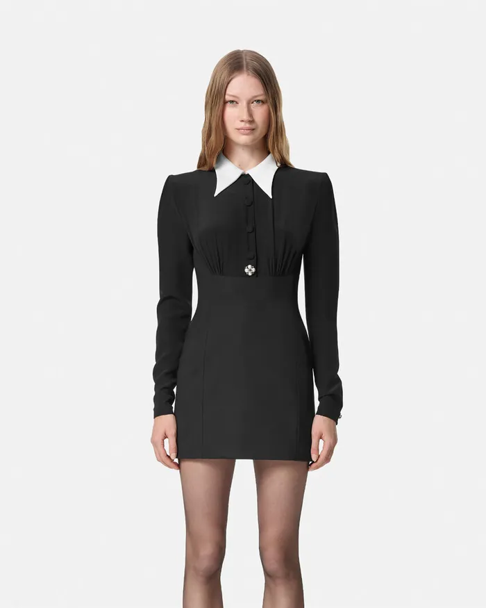 Versace ContrastCollar Silk Crpe Mini Dress Black Women Dresses