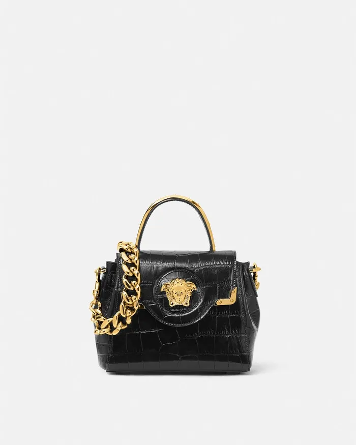 Versace CrocEffect La Medusa Small Handbag Blackgold Women Top Handle