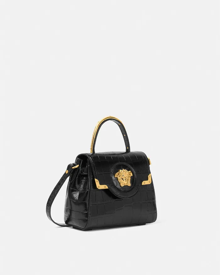 Versace CrocEffect La Medusa Small Handbag Blackgold Women Top Handle