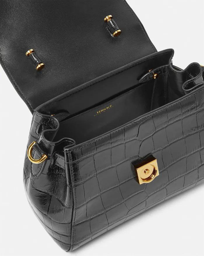 Versace CrocEffect La Medusa Small Handbag Blackgold Women Top Handle