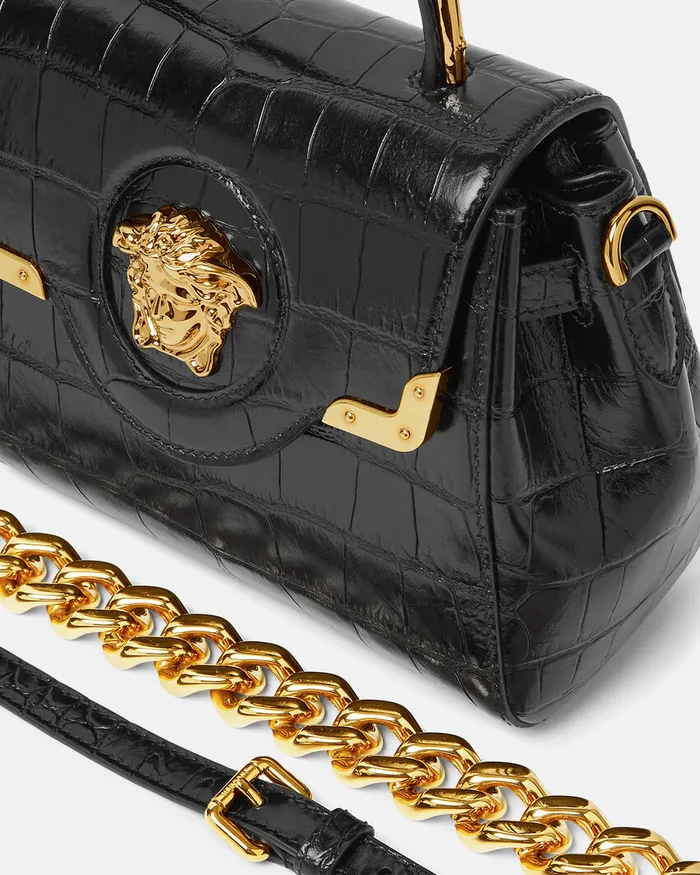 Versace CrocEffect La Medusa Small Handbag Blackgold Women Top Handle