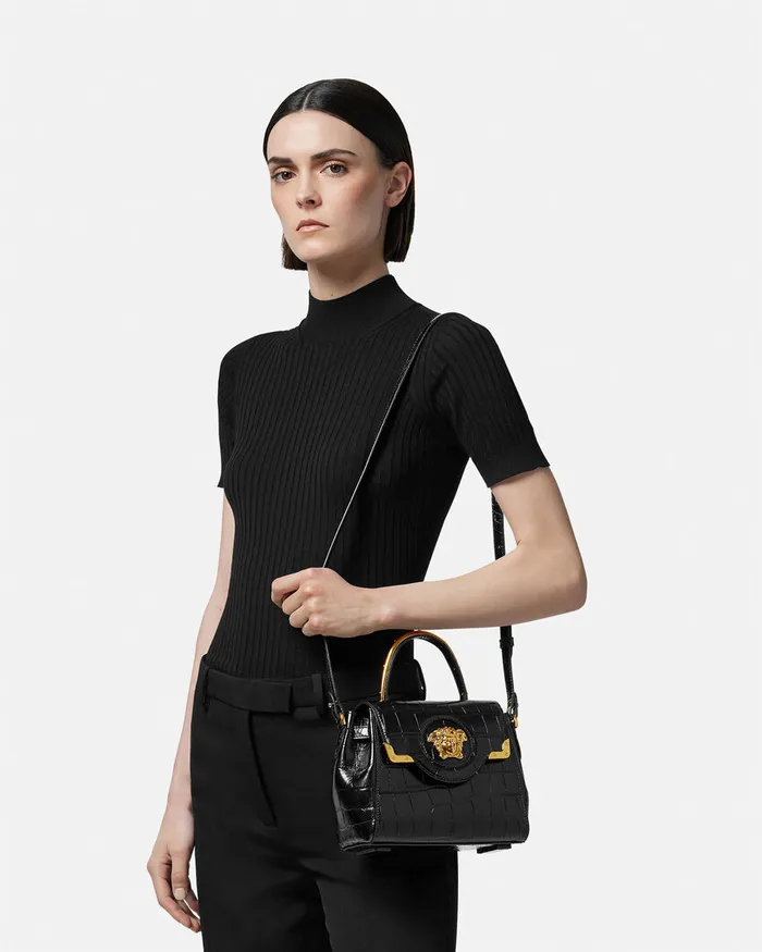 Versace CrocEffect La Medusa Small Handbag Blackgold Women Top Handle
