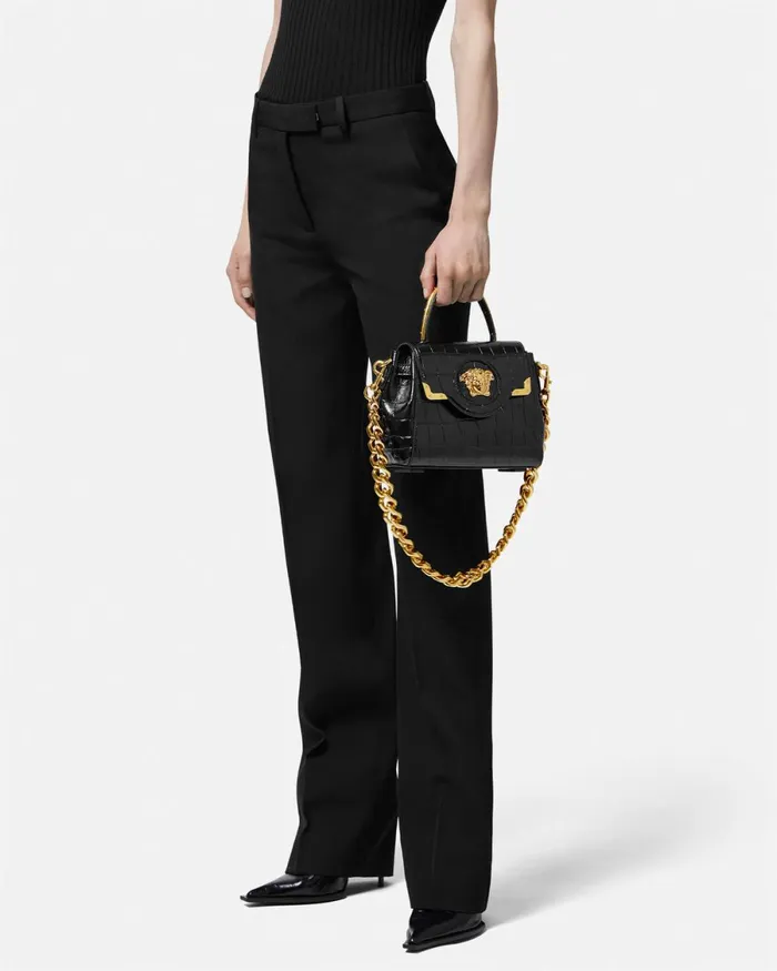 Versace CrocEffect La Medusa Small Handbag Blackgold Women Top Handle