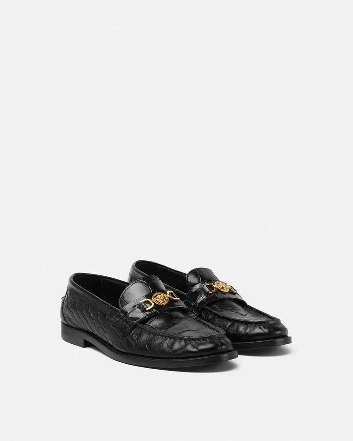 Versace CrocEffect Medusa 03995 Loafers Blackgold Women Loafers and Flats