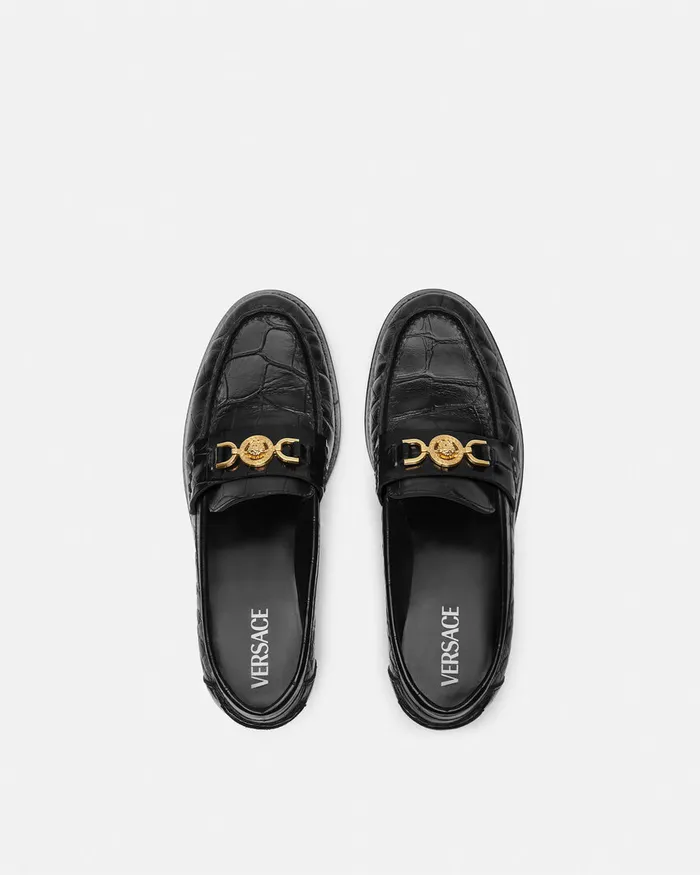 Versace CrocEffect Medusa 03995 Loafers Blackgold Women Loafers and Flats