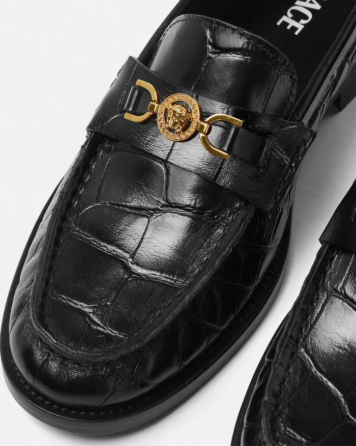 Versace CrocEffect Medusa 03995 Loafers Blackgold Women Loafers and Flats