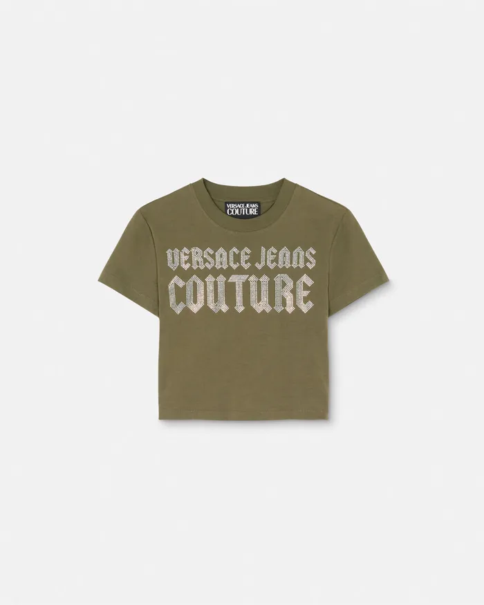 Versace Crystal Gothic Logo Crop TShirt Green Women Jeans Couture