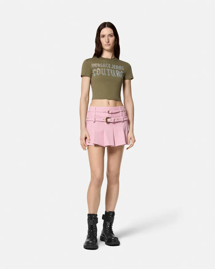 Versace Crystal Gothic Logo Crop TShirt Green Women Jeans Couture