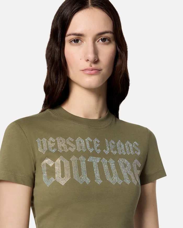 Versace Crystal Gothic Logo Crop TShirt Green Women Jeans Couture