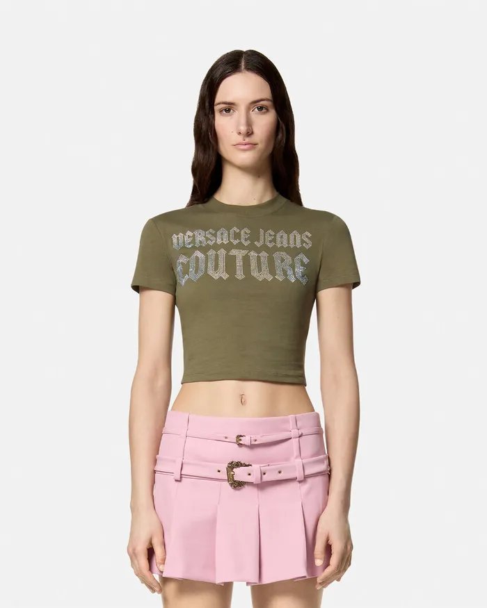 Versace Crystal Gothic Logo Crop TShirt Green Women Jeans Couture