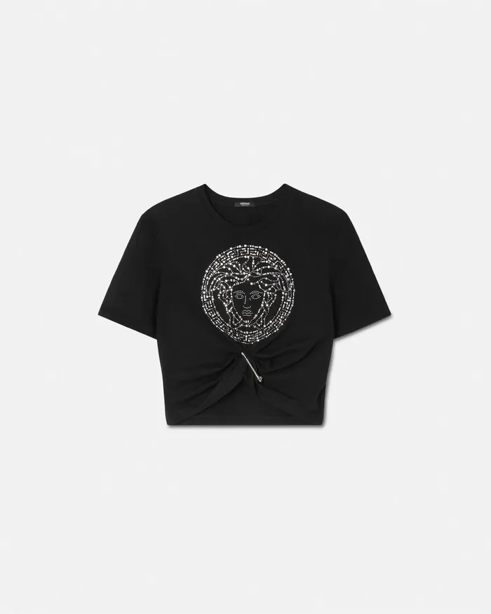 Versace Embellished Medusa Safety Pin Crop TShirt Black Women TShirts and Sweatshirts Versace Embellished Medusa Safety Pin Crop TShirt Black Women TShirts and Sweatshirts