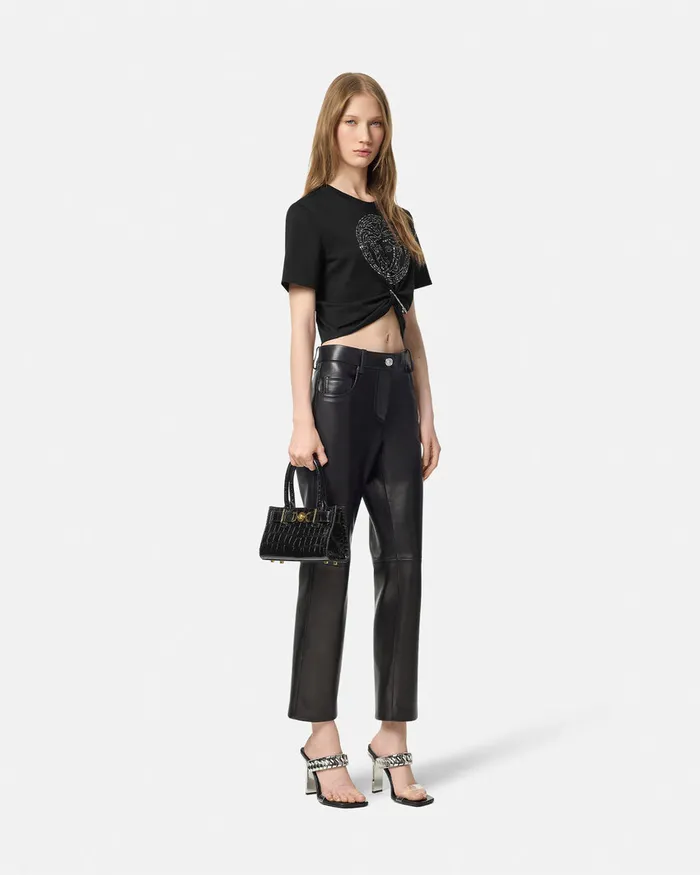 Versace Embellished Medusa Safety Pin Crop TShirt Black Women TShirts and Sweatshirts