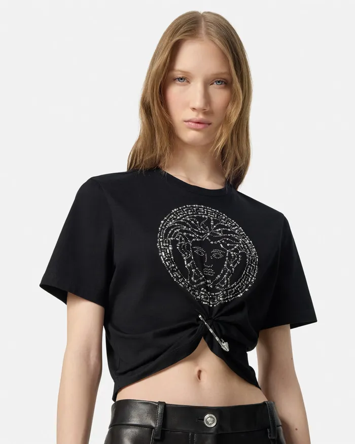 Versace Embellished Medusa Safety Pin Crop TShirt Black Women TShirts and Sweatshirts