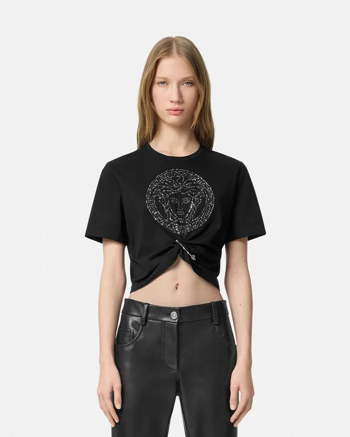 Versace Embellished Medusa Safety Pin Crop TShirt Black Women TShirts and Sweatshirts