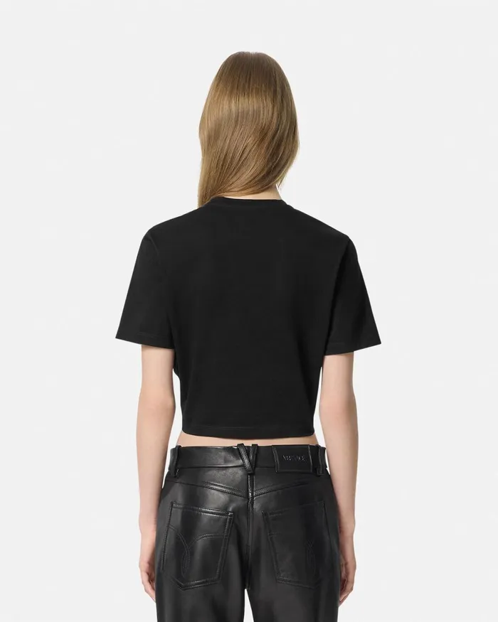 Versace Embellished Medusa Safety Pin Crop TShirt Black Women TShirts and Sweatshirts