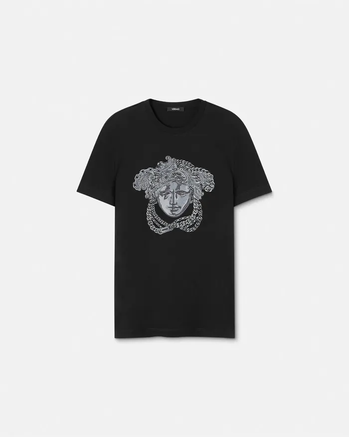 Versace Embroidered Crystal Medusa TShirt Black Men TShirts and Polos