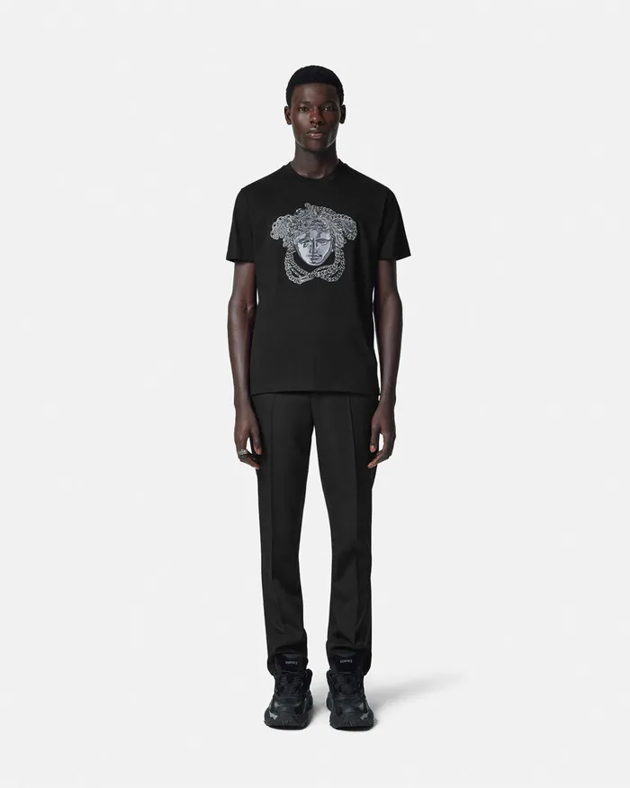 Versace Embroidered Crystal Medusa TShirt Black Men TShirts and Polos