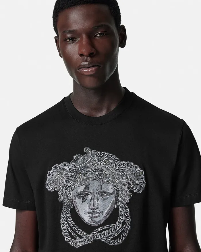 Versace Embroidered Crystal Medusa TShirt Black Men TShirts and Polos