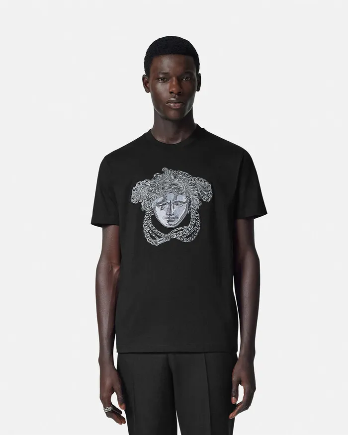 Versace Embroidered Crystal Medusa TShirt Black Men TShirts and Polos