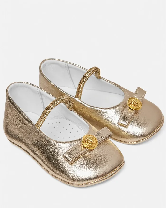 Versace Gianni Ribbon Baby Metallic Ballerinas Gold Kids Shoes and First Steps