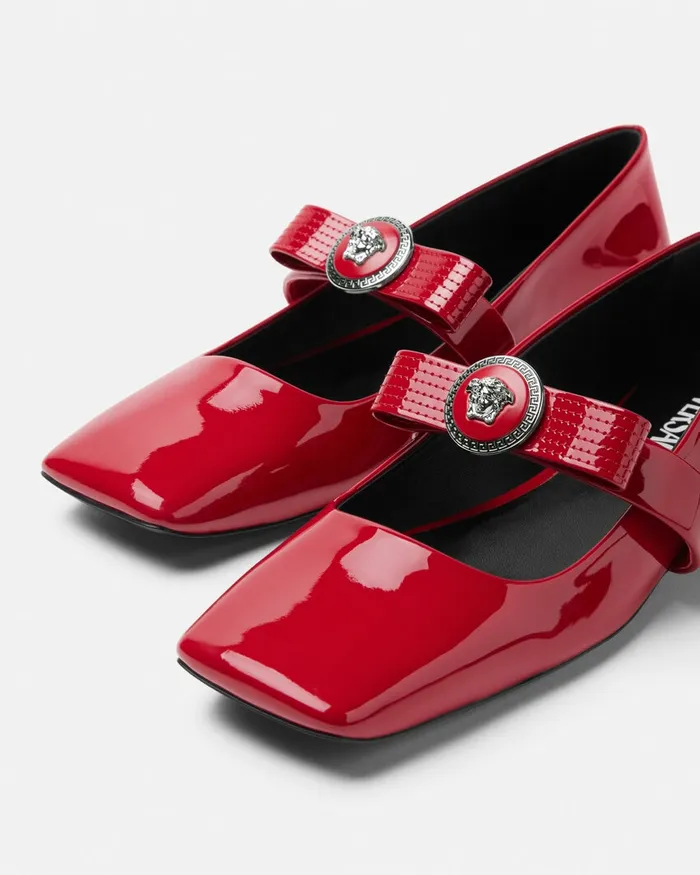 Versace Gianni Ribbon Patent Ballerinas Red Women Loafers and Flats