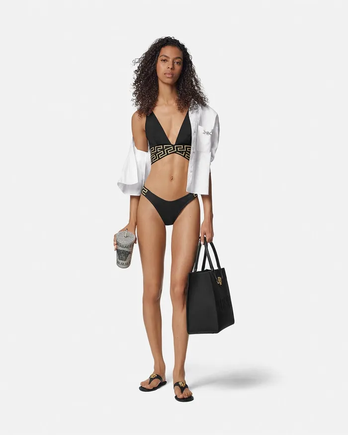 Versace Greca Border Triangle Bikini Top Black Women Swimwear