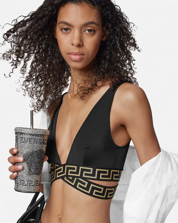 Versace Greca Border Triangle Bikini Top Black Women Swimwear