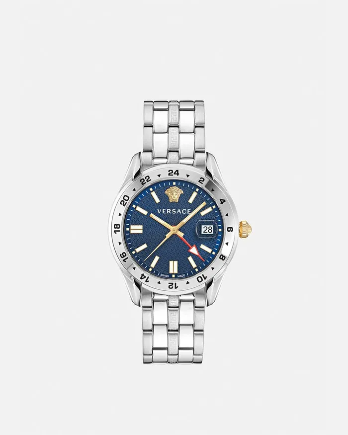 Versace Greca Time Gmt Watch Silver Men Watches
