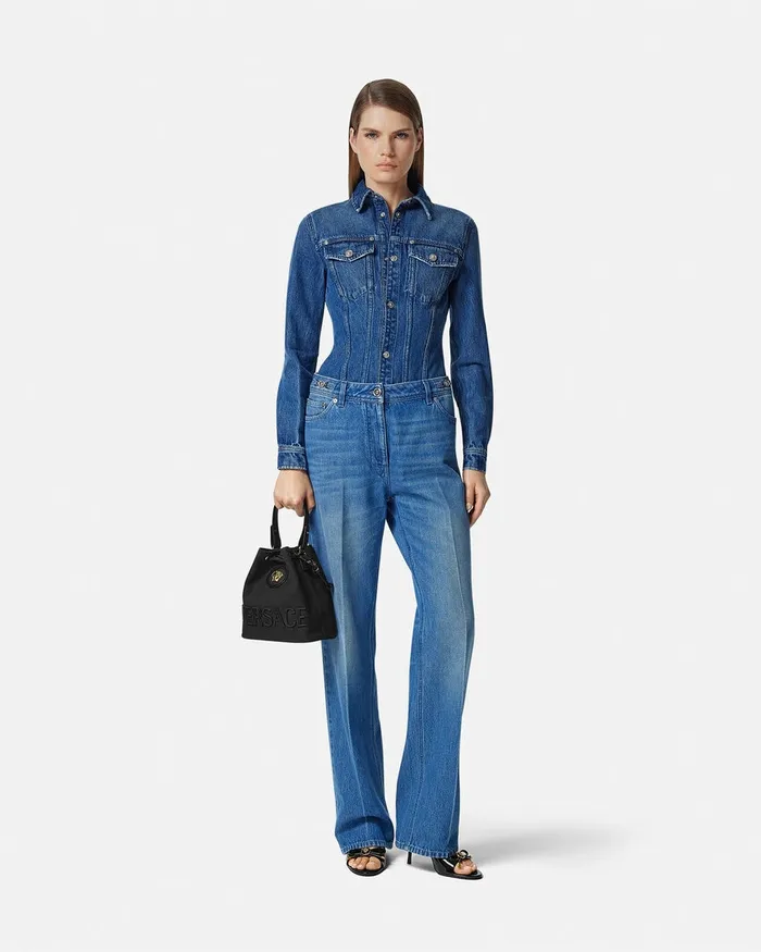 Versace La Medusa Canvas Bucket Bag Blackgold Women Top Handle