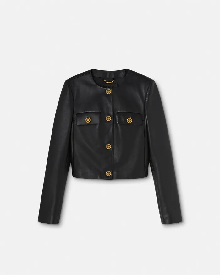 Versace Leather Cardigan Jacket Black Women Outerwear and Coats